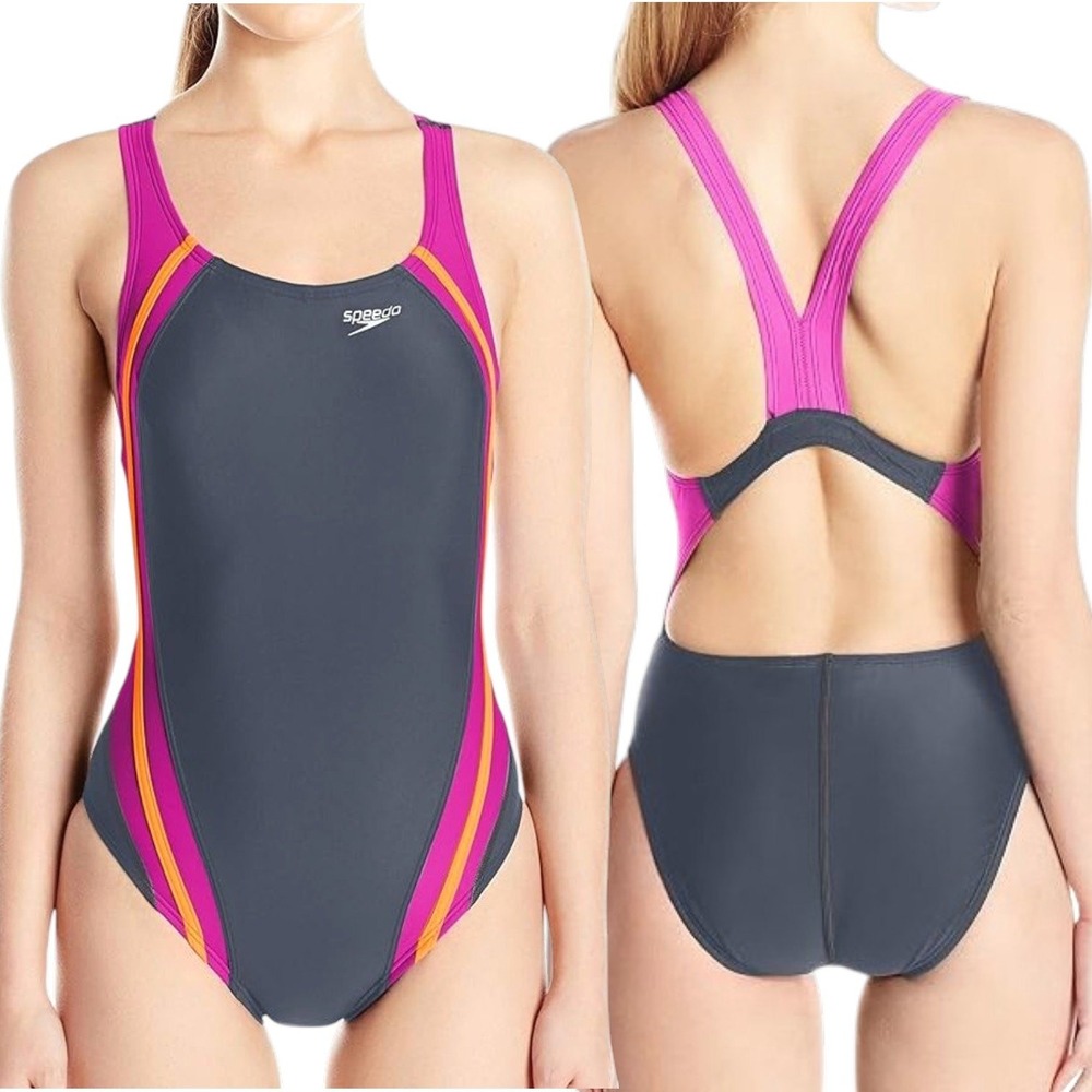 Speedo 12 PowerFlex Quantum Splice Eco One Piece Swimsuit Grey Pink Training